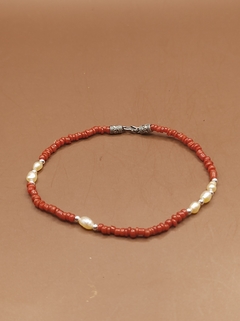 Pulseira coral pérola e prata