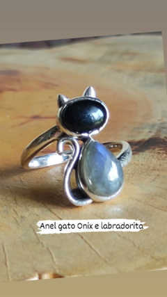 anel gato onix e labradorita natural