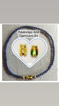 pulseira lapis-lazuli com cigarra ouro 18 k