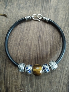 pulseira borracha pedra olho de tigre prata - comprar online