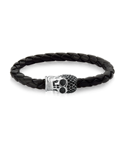 Pulseira skull couro e prata