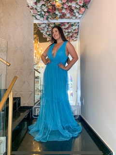 Vestido Longo Gloss Gliter Adriana Azul Bebe