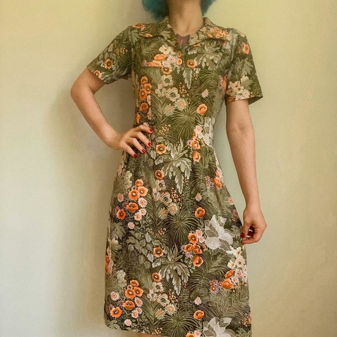 vestido vintage verde floresta - M