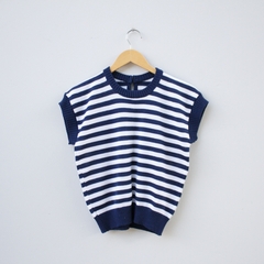 Blusa de Fio Listrada Branca e Azul - P