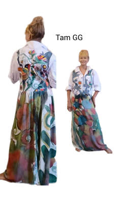 Vestido longo Pintado a Mão beija flor - Atelie Gilda Lacerda