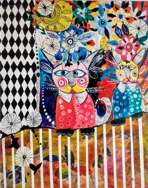 Quadro Gato Pintado a Mao  com Moldura branca 50x40