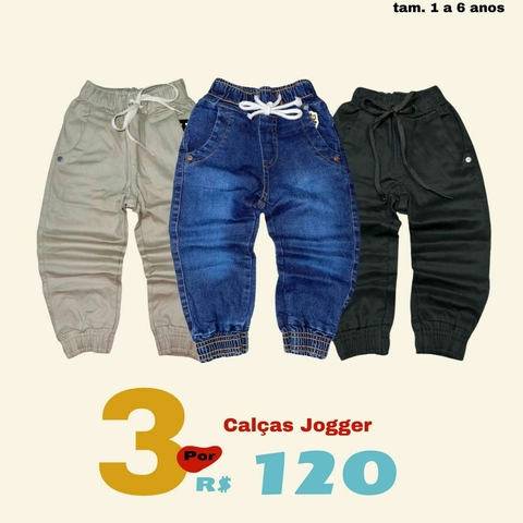 Kit 3 Calça Jogger Infantil Jeans Bege Preta