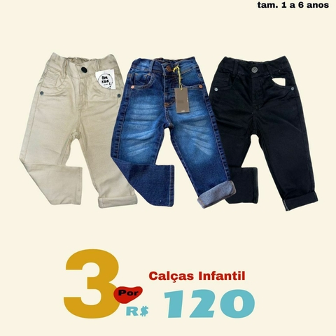 Kit 3 calças Sarja jeans Preta Bege Infantil