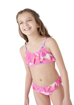 Biquíni teen rosa com babados e estampa colorida, modelo da Hering.