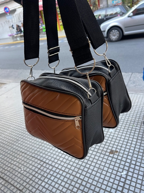 Bandolera SOPHIE CARAMEL (ecocuero negro + dulce de leche)
