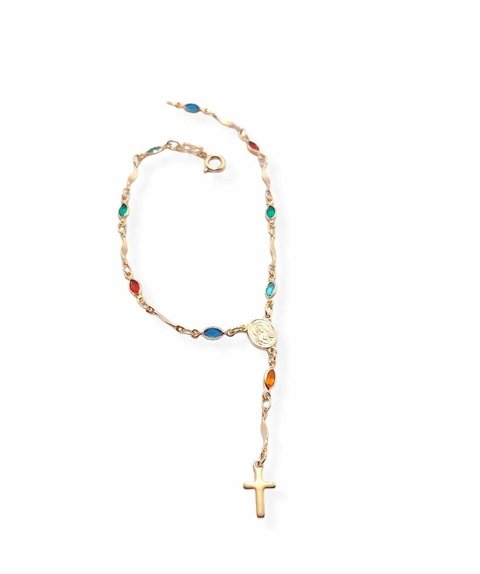 Pulsera denario laminada en oro 18k con piedras de colores.