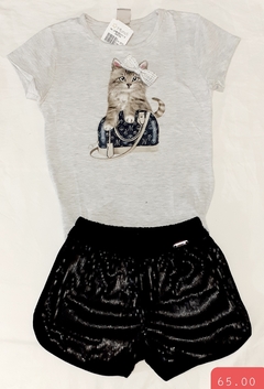 Conjunto  juvenil feminino com blusinha de algodão com estampa de gatinha e short em paetê Brandilli Mundi