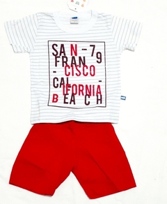 Conjunto infantil masculino com camiseta de algodão  branca listrada e estampada e uma bermuda de sarja vermelha. - comprar online