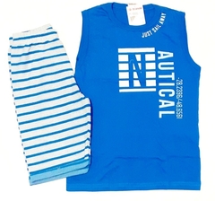 Conjunto  infantil masculino com camiseta regata de algodão e bermuda de moletinho listrada azul e branco Brandilli - comprar online