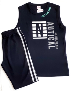 Conjunto infantil masculino de verão  de algodão com camiseta regata e bermuda de moletinho na cor preta com listras cinzas nas laterais - comprar online