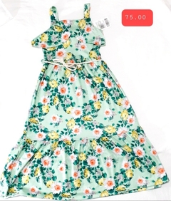 Vestido infantil longo Brandilli Mundi na cor verde floral com um cinto em corda. - comprar online