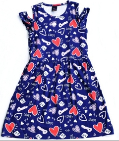 Vestido juvenil de malha na cor azul escuro com estampa de corações - comprar online