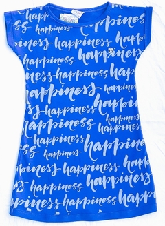 Vestido infantil feminino  em algodão  na cor azul  com as palavras happiness - comprar online