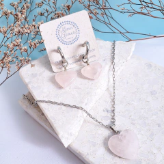 Conjunto Coração Quartzo Rosa | Aço inoxidável - comprar online