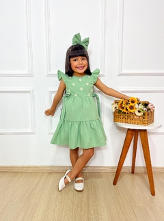 Vestido Helena bordado Verde Claro - Acompanha Laço - loja online