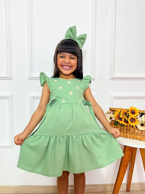 Vestido Helena bordado Verde Claro - Acompanha Laço - comprar online