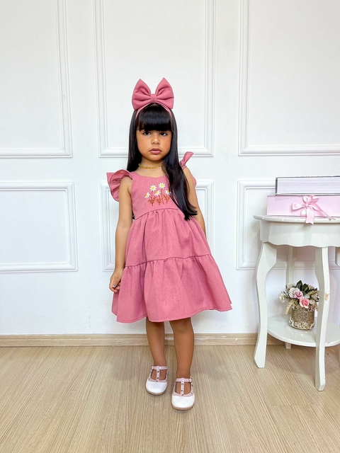 Vestido Bordado Sofia - Rosa chá acompanha turbante - comprar online