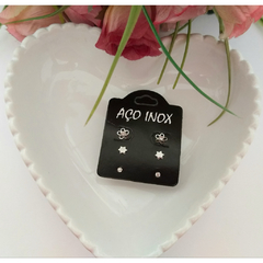 Trio de brincos flor, estrela e ponto de luz em aço inox