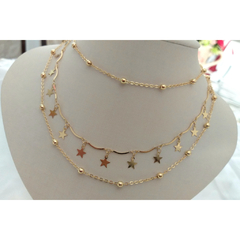Colar triplo estrelas e bolinhas banhado a ouro 18k