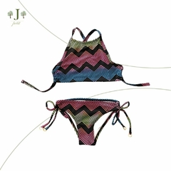 Biquini Frente Unica Preto Chevron Rosa E Azul