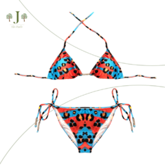 Biquini Cortininha Adulto Animal Print Azul E Verm - comprar online