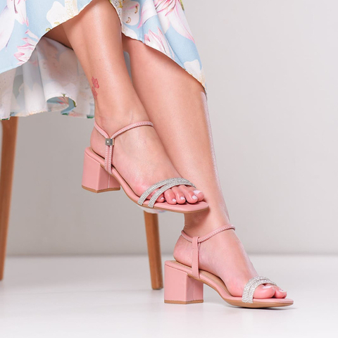 Sandália Rose Salto Bloco 5cm com Tiras de Strass