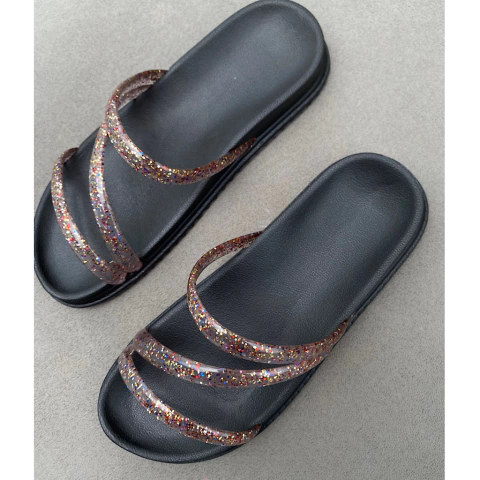 PAPETE CHINELO PRETA TIRAS DE GLITTER