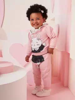 Conjunto rosa de casaco e calça coelhinho - Tindolelê