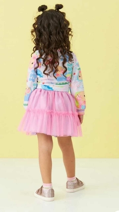 Conjunto manga longa e saia de tule rosa na internet