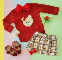 Conjunto xadrez de ursinhos com blusa de manga longa e saia em molecotton