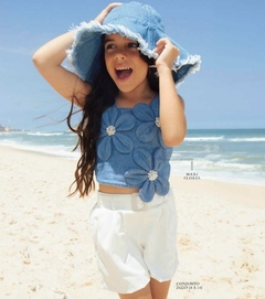 Conjunto short off white e cropped maxi flores - comprar online