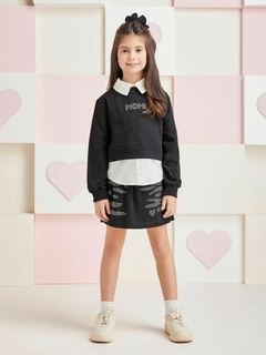 Conjunto de casaco de moletom com strass e shorts saia