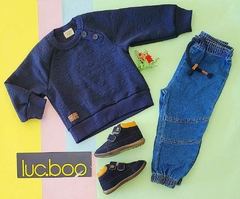 Conjunto de Blusão em Jacquard de Ursos e Calça Jogger em Jeans Bellini