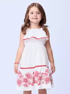 Vestido off white Sianinha Vermelha com Ombros Flutuantes e Estampa Floral no Babado