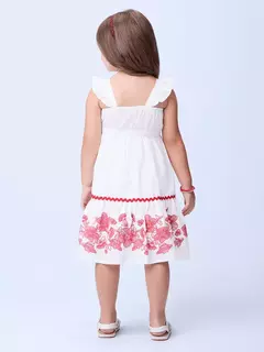 Vestido off white Sianinha Vermelha com Ombros Flutuantes e Estampa Floral no Babado - comprar online
