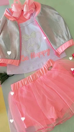 Conjunto 3 peças de saia com tule rosa