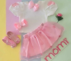 Conjunto de blusa e saia de tule com poá rosa com borboletas - comprar online