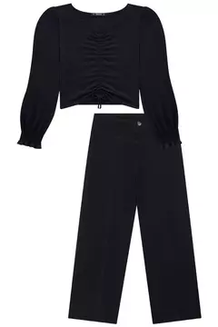 Conjunto de blusa cropped em malha elastic e calça wide em sarja pita - Tindolelê