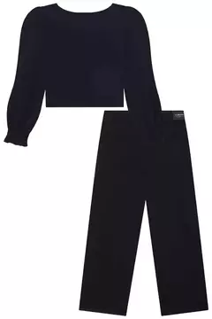Conjunto de blusa cropped em malha elastic e calça wide em sarja pita - loja online