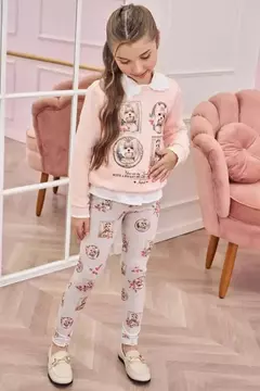Conjunto de blusão em moletom com pelúcia e calça legging em termoskin peluciado