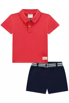 Conjunto de camisa polo em meia malha e bermuda em sarja stretch e cinto de cadarço na internet