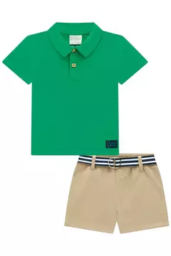 Conjunto de camisa polo em meia malha e bermuda em sarja stretch e cinto de cadarço - comprar online