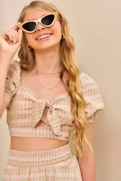 Conjunto top cropped e saia em tecido importado fun chess