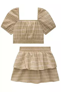 Conjunto top cropped e saia em tecido importado fun chess