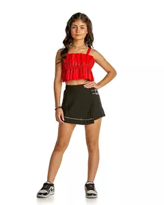 Short saia em linho leve com fivela glitter prata e detalhes em lurex preto - comprar online